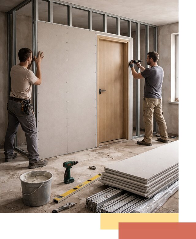 Перегородка из гипсокартона с дверью под ключ в Воронеже